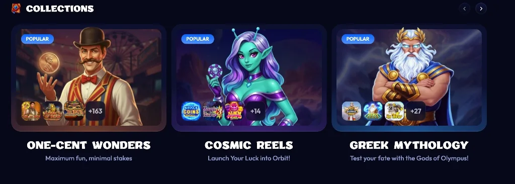 Collections thématiques de la plateforme : One-Cent Wonders avec 163 machines, Cosmic Reels et Greek Mythology