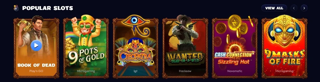 Sélection de machines à sous populaires : Book of Dead, 9 Pots of Gold, Cleopatra, Wanted Dead or a Wild, Cash Connection Sizzling Hot et 9 Masks of Fire